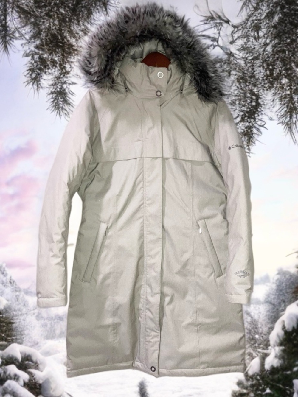Columbia Flurry Run Down Insulated Winter Parka Hooded Jacket Faux Fur Trim Sz L